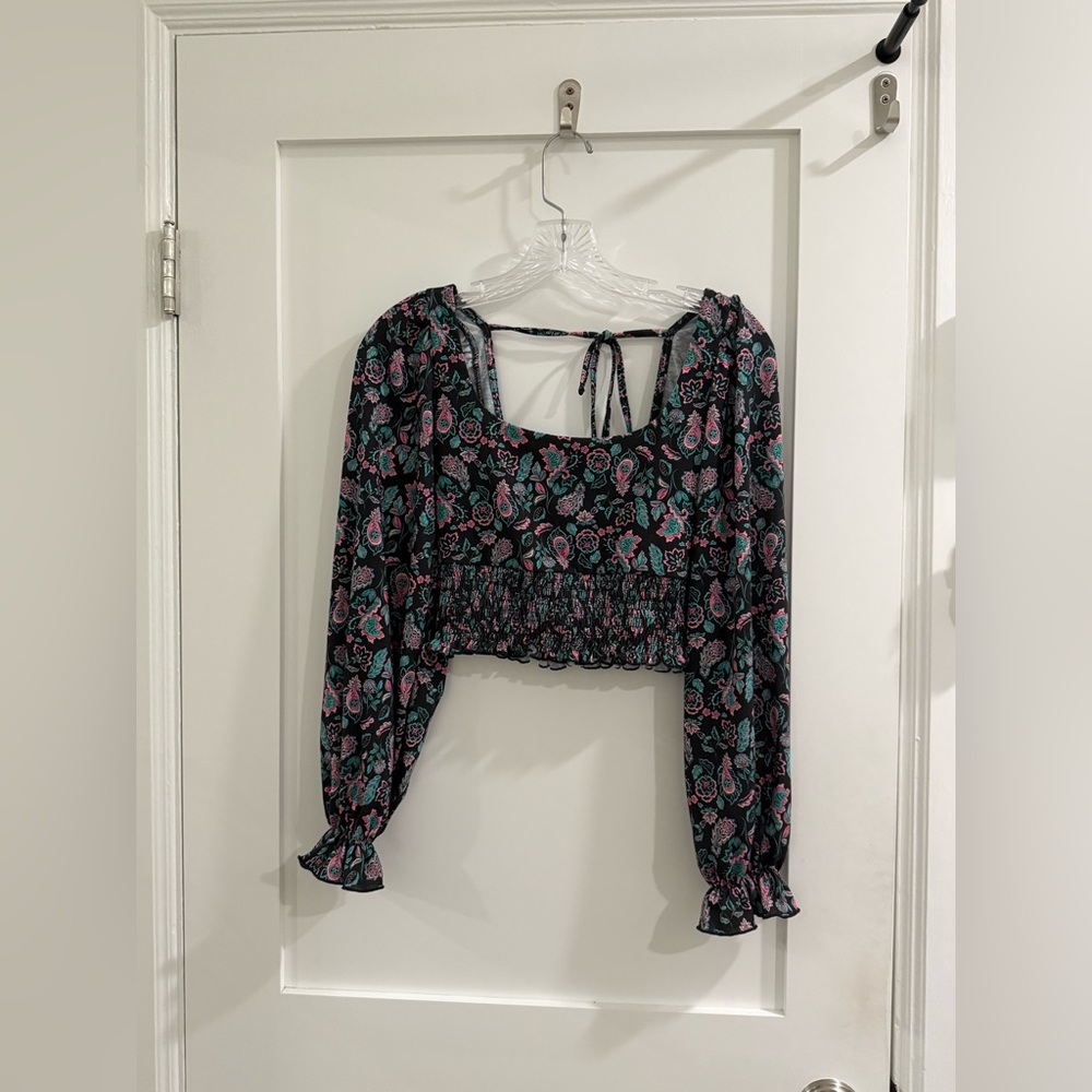 Topshop black long puff sleeve crop top w/ smocked bottom + paisley pattern